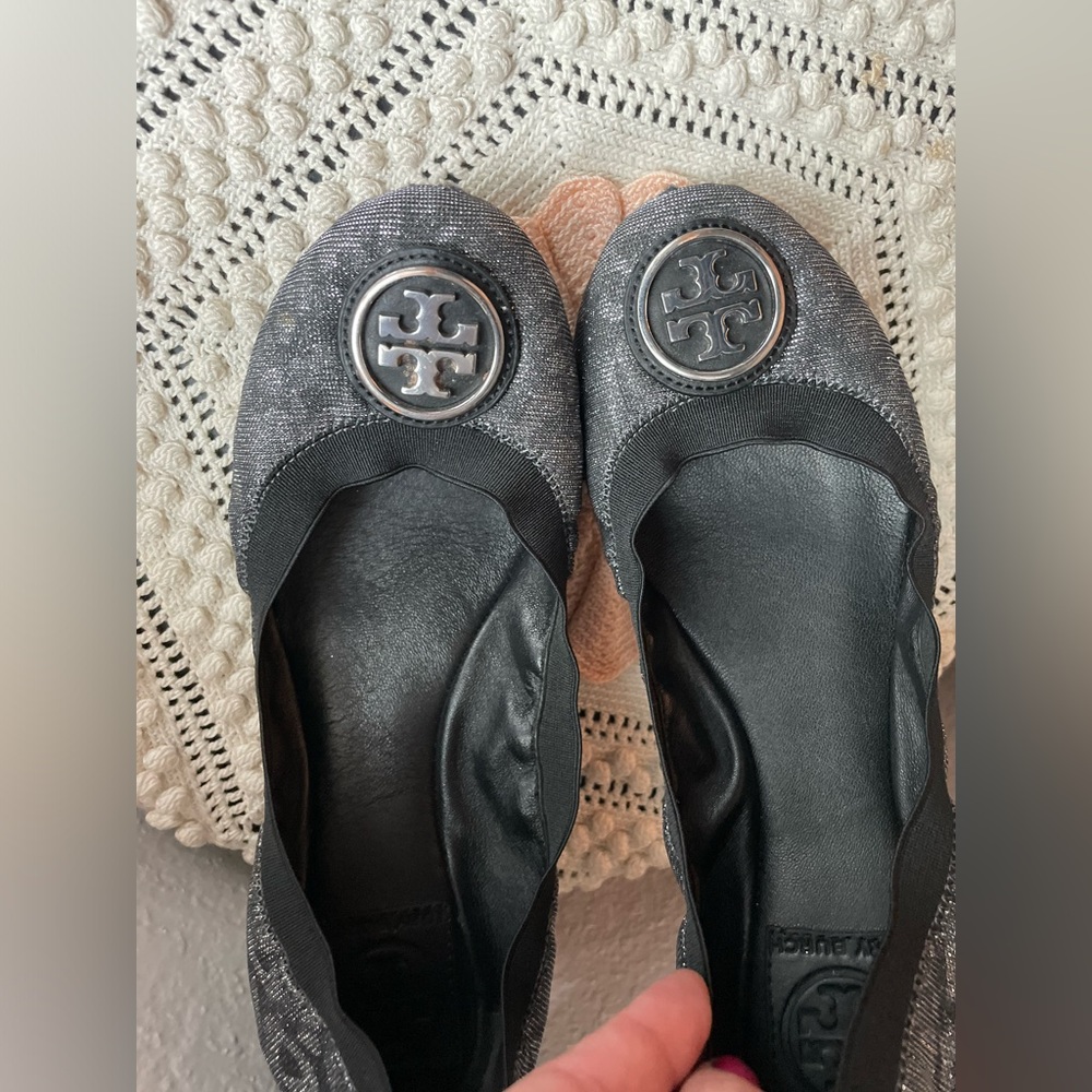 ❌SOLD❌ Tory Burch Animal Print Black Silver Shimmer Ballet Flats